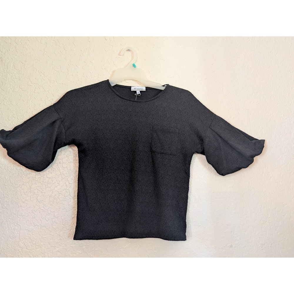 Set The Stage Black Puff Sleeve Pocket Blouse Top 3721JQD Size S M